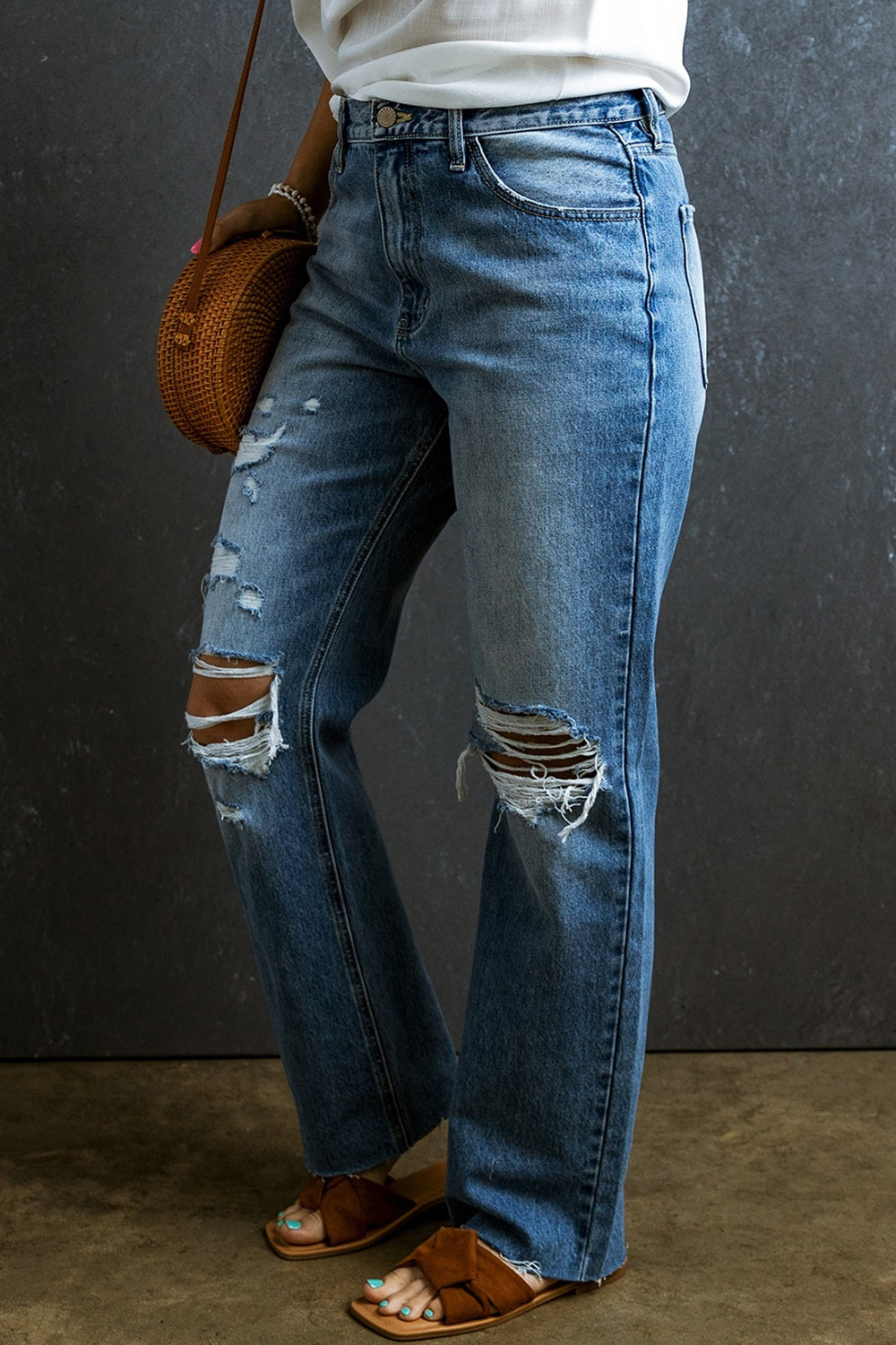 Distressed Raw Hem Jeans with Pockets - Parsifale