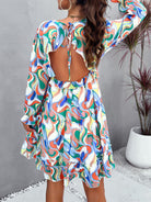 Backless Printed V-Neck Flounce Sleeve Dress - Parsifale