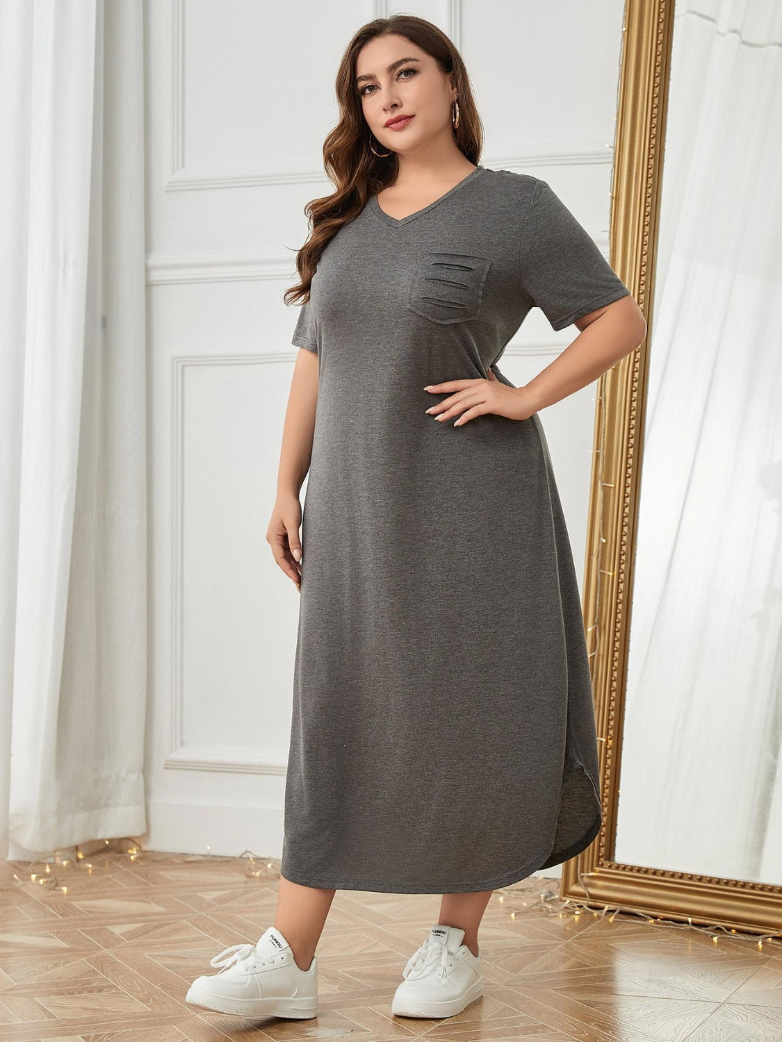 Plus Size Pocketed V-Neck Short Sleeve Lounge Dress - Parsifale