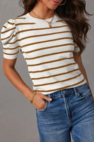 Striped Round Neck Puff Sleeve Knit Top - Parsifale