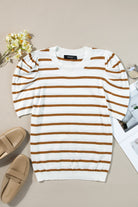 Striped Round Neck Puff Sleeve Knit Top - Parsifale