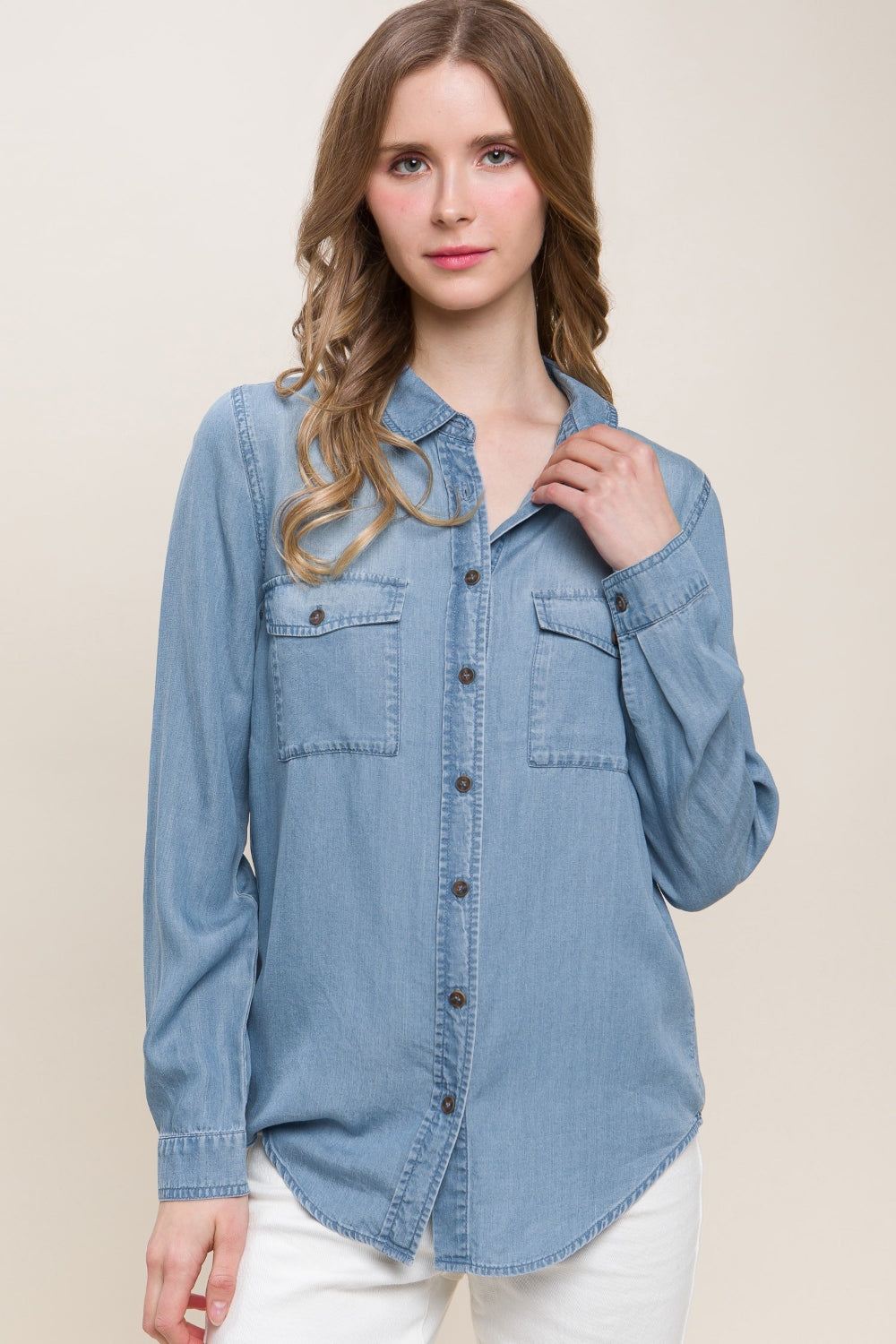 Love Tree Scooped Hem Button Up Denim Shirt - Parsifale