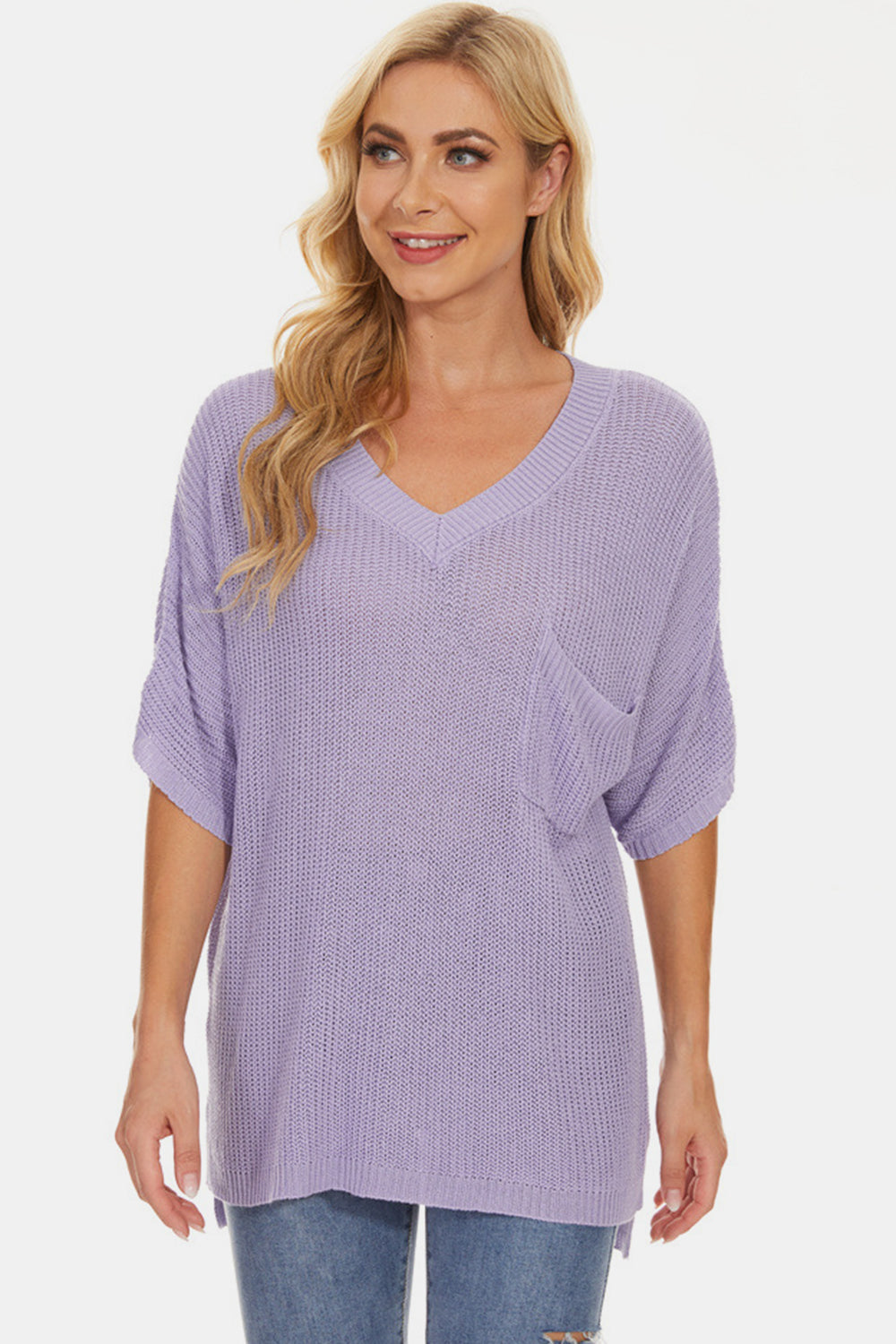 Pocketed V-Neck Half Sleeve Knit Top - Parsifale