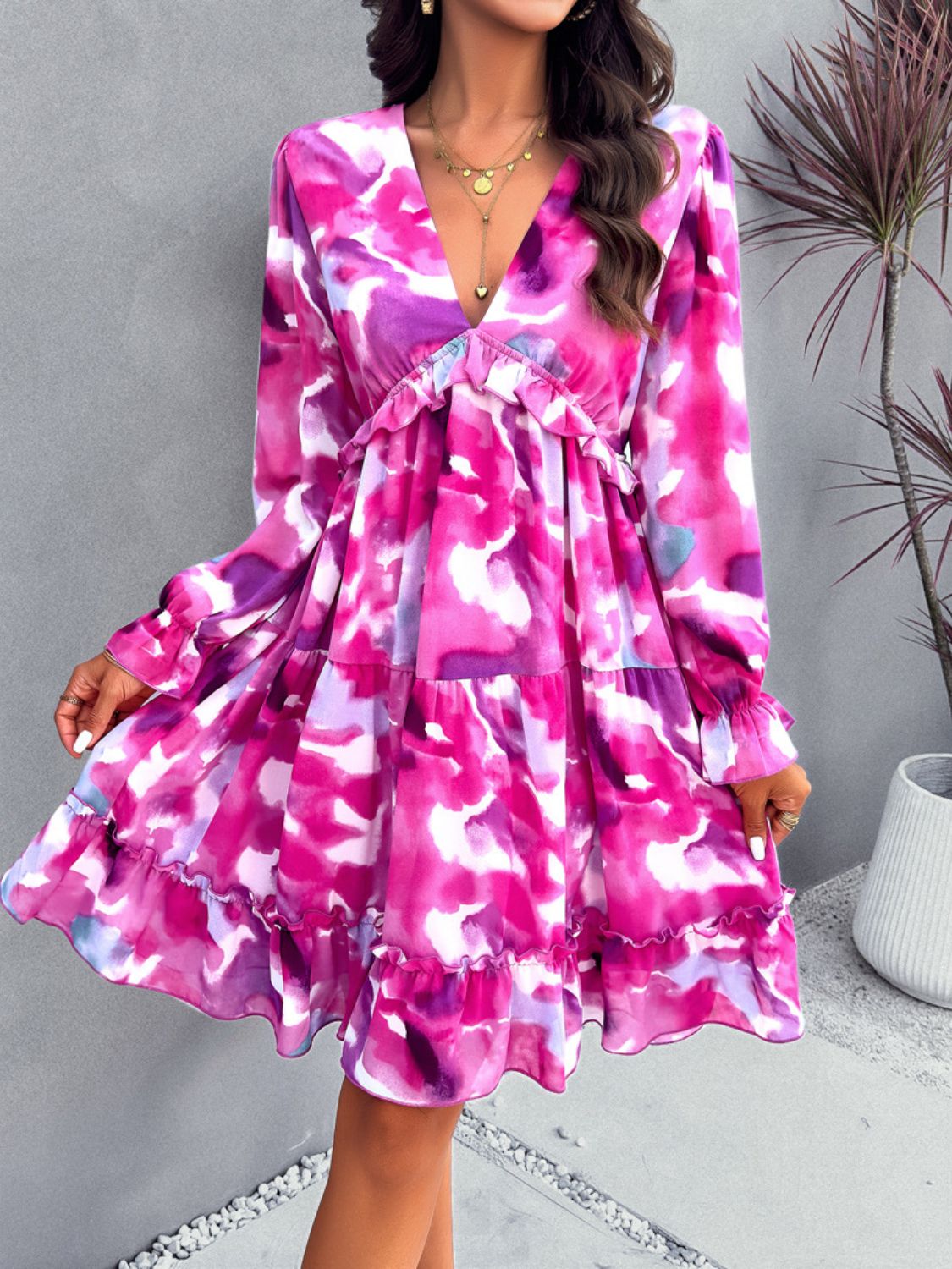 Backless Printed V-Neck Flounce Sleeve Dress - Parsifale