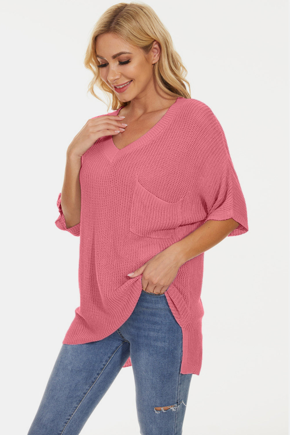 Pocketed V-Neck Half Sleeve Knit Top - Parsifale