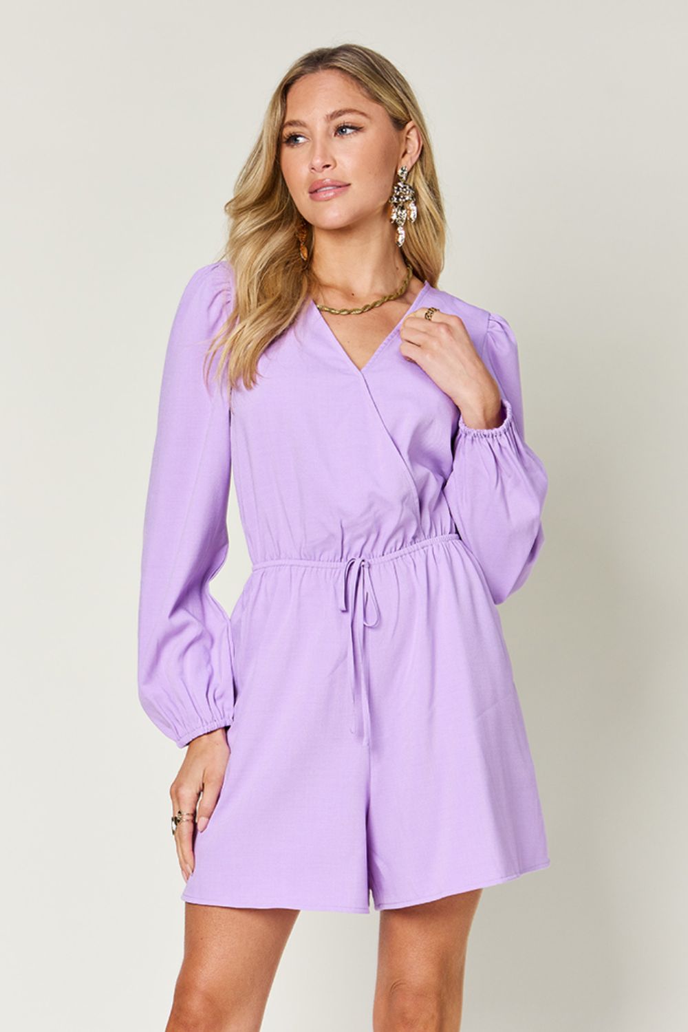 Double Take Full Size Drawstring Long Sleeve Romper - Parsifale