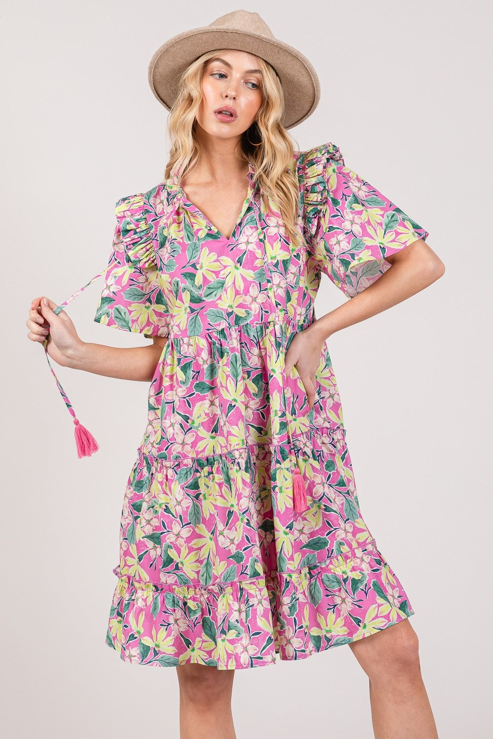 SAGE + FIG Floral Ruffle Short Sleeve Dress - Parsifale