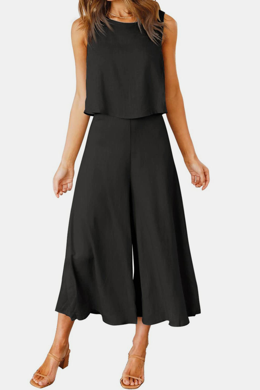 Round Neck Top and Wide Leg Pants Set - Parsifale