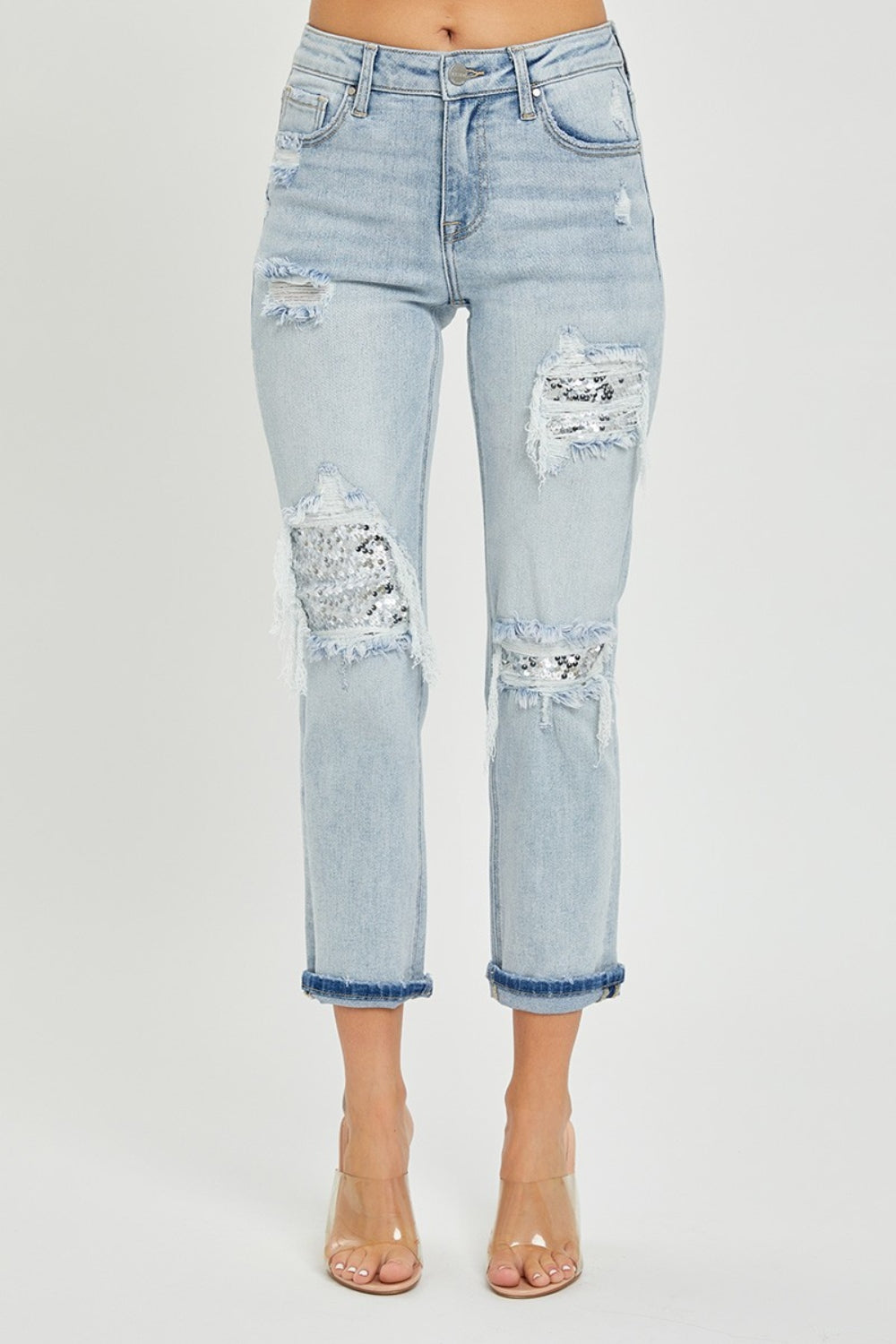 RISEN Mid-Rise Sequin Patched Jeans - Parsifale