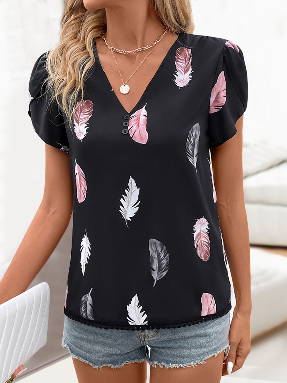 Printed V-Neck Short Sleeve Blouse - Parsifale