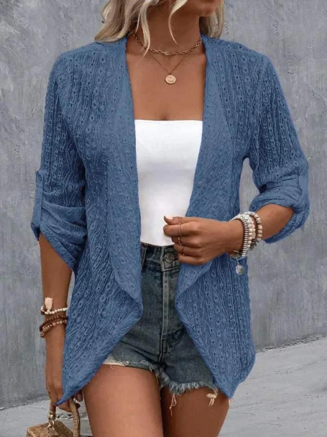 Eyelet Roll-Tab Sleeve Cardigan - Parsifale