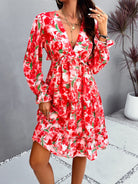 Backless Printed V-Neck Flounce Sleeve Dress - Parsifale