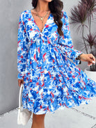 Backless Printed V-Neck Flounce Sleeve Dress - Parsifale