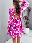 Backless Printed V-Neck Flounce Sleeve Dress - Parsifale