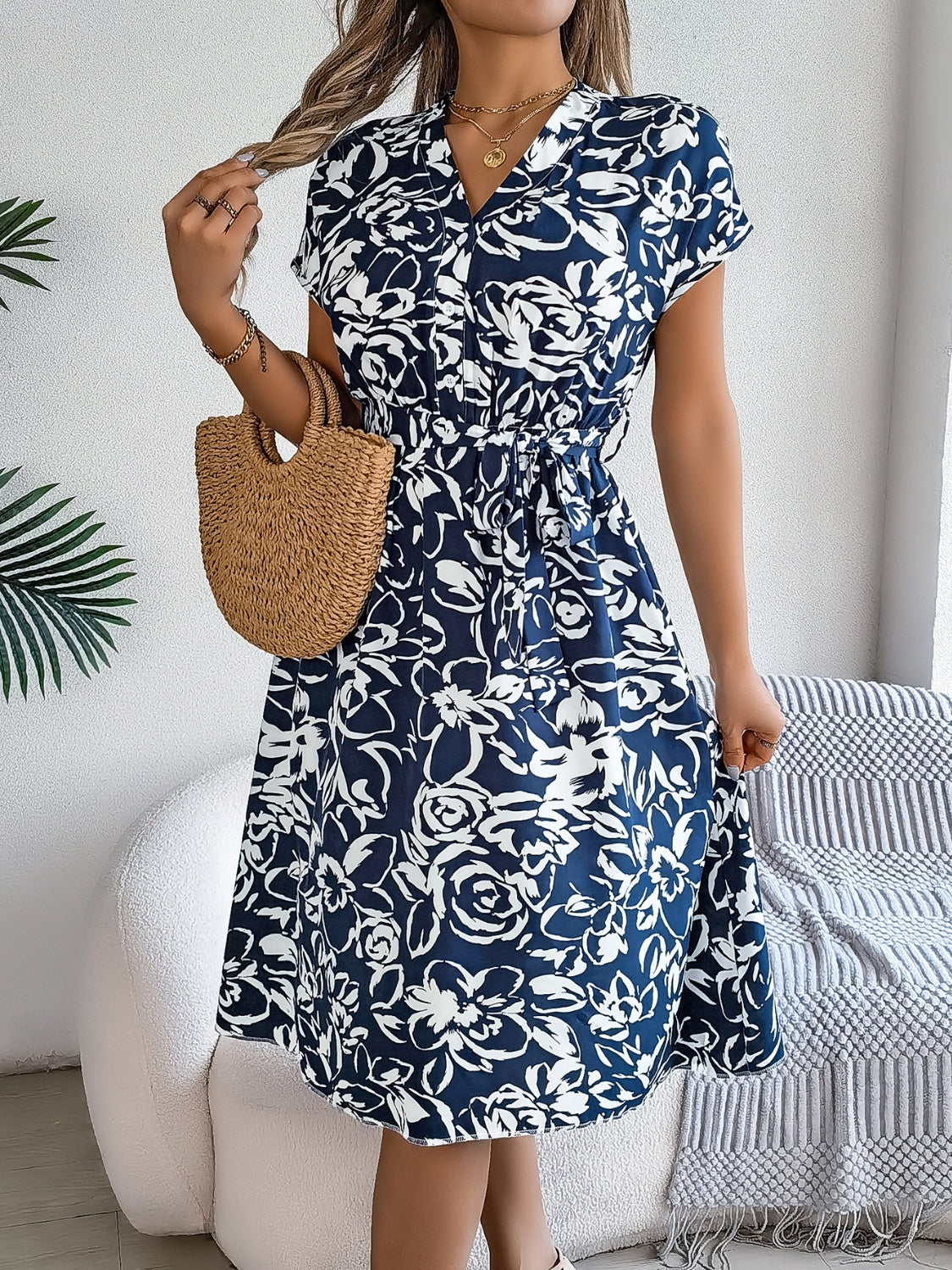 Printed V-Neck Short Sleeve Dress - Parsifale