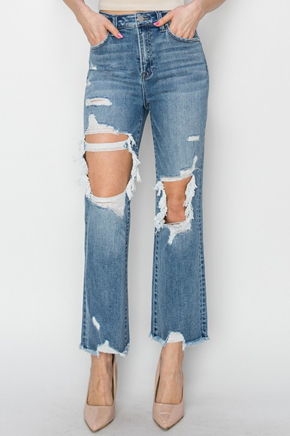 RISEN High Rise Distressed Crop Straight Jeans - Parsifale