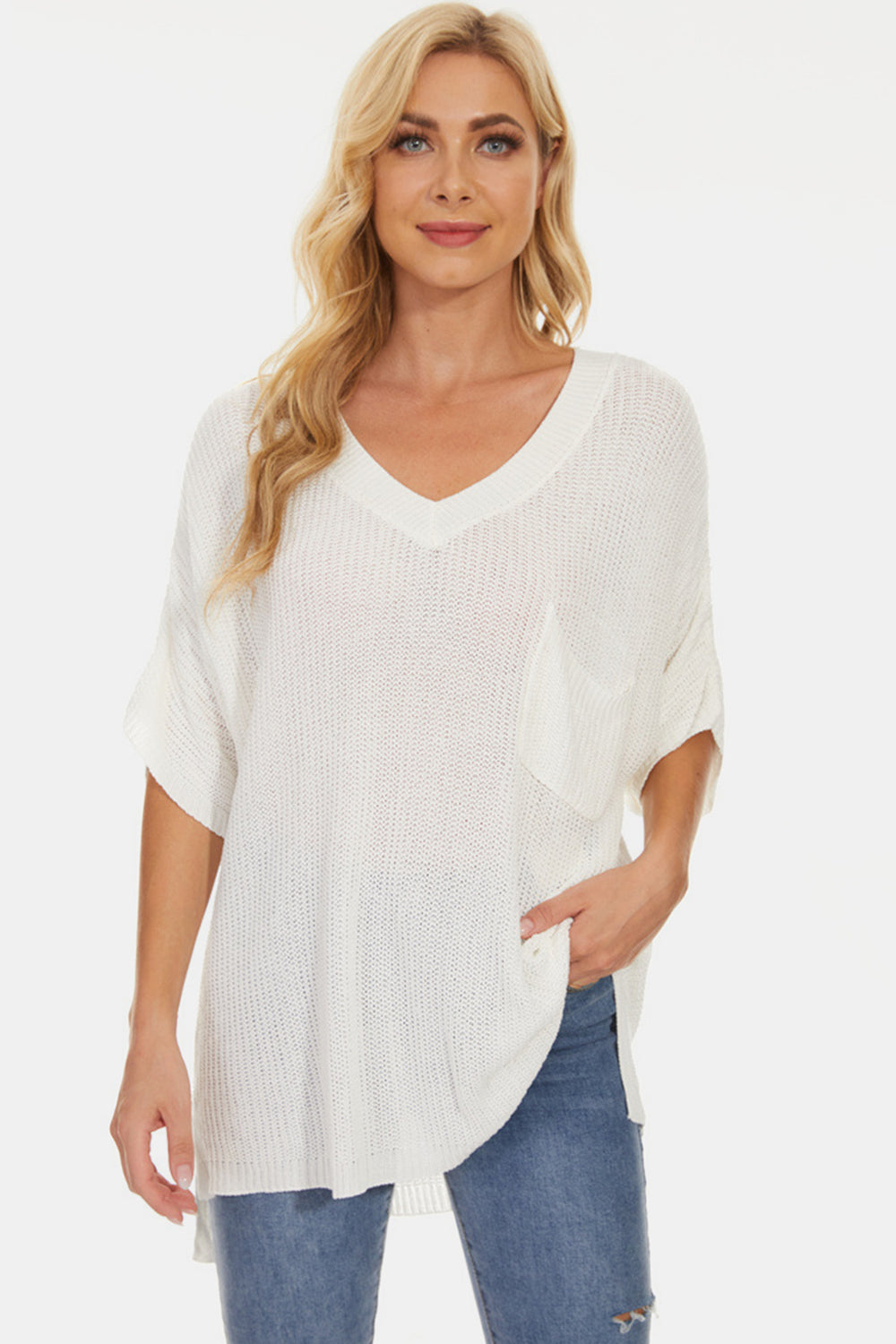 Pocketed V-Neck Half Sleeve Knit Top - Parsifale