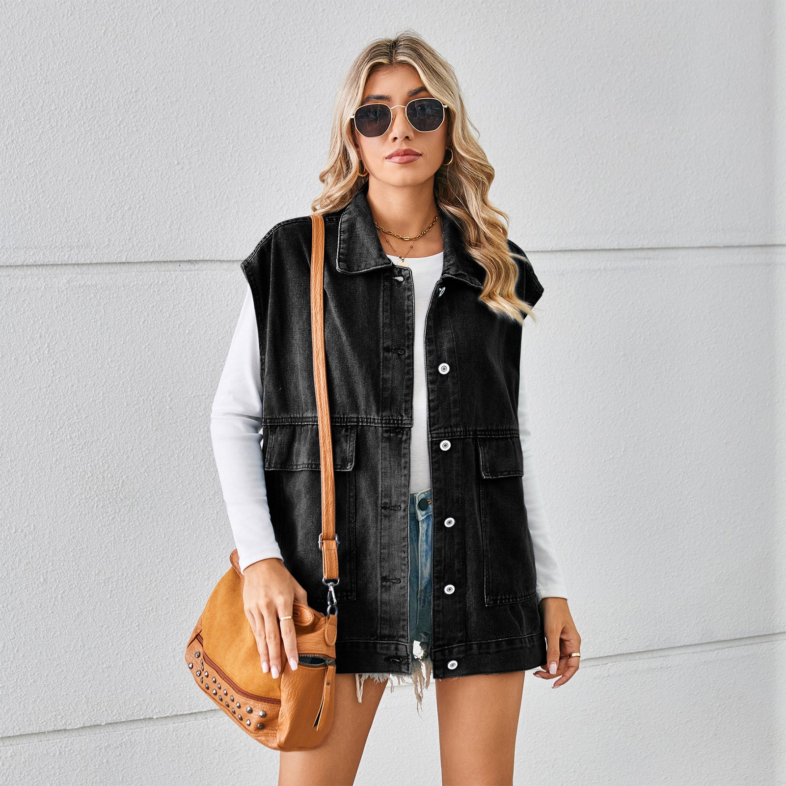 Pocketed Button Up Sleeveless Denim Jacket