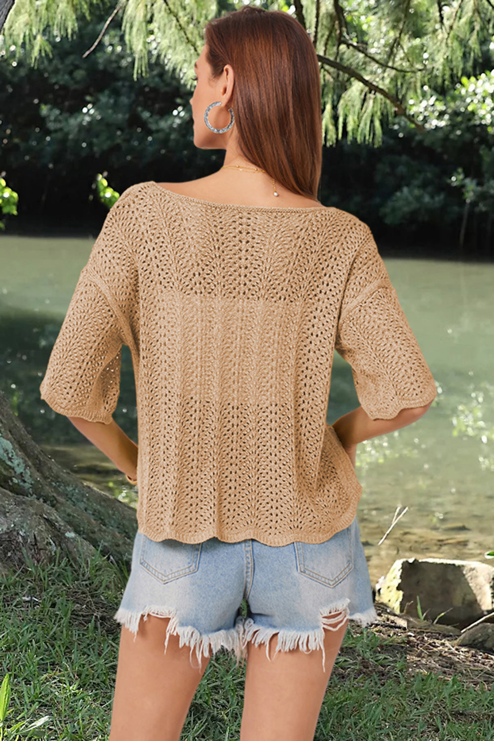 Openwork Round Neck Half Sleeve Knit Top - Parsifale