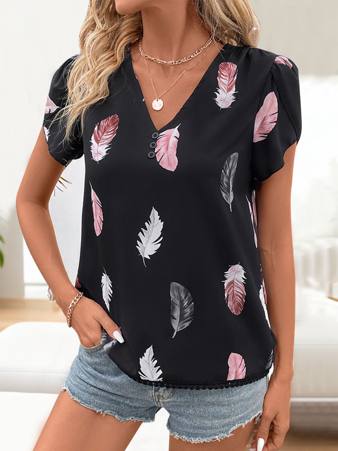 Printed V-Neck Short Sleeve Blouse - Parsifale