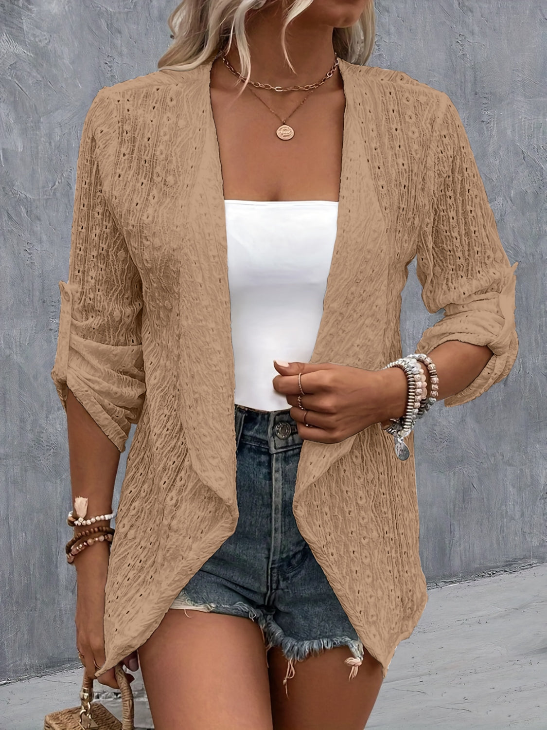 Eyelet Roll-Tab Sleeve Cardigan - Parsifale