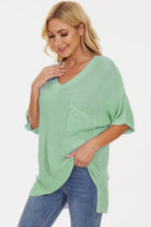 Pocketed V-Neck Half Sleeve Knit Top - Parsifale