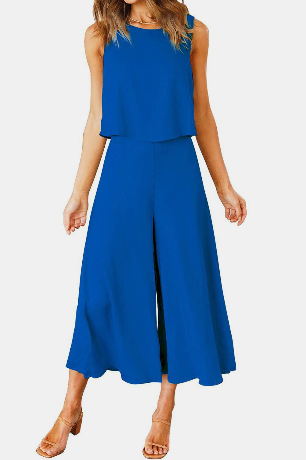 Round Neck Top and Wide Leg Pants Set - Parsifale