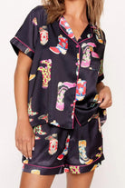 Printed Button Up Short Sleeve Top and Shorts Lounge Set - Parsifale