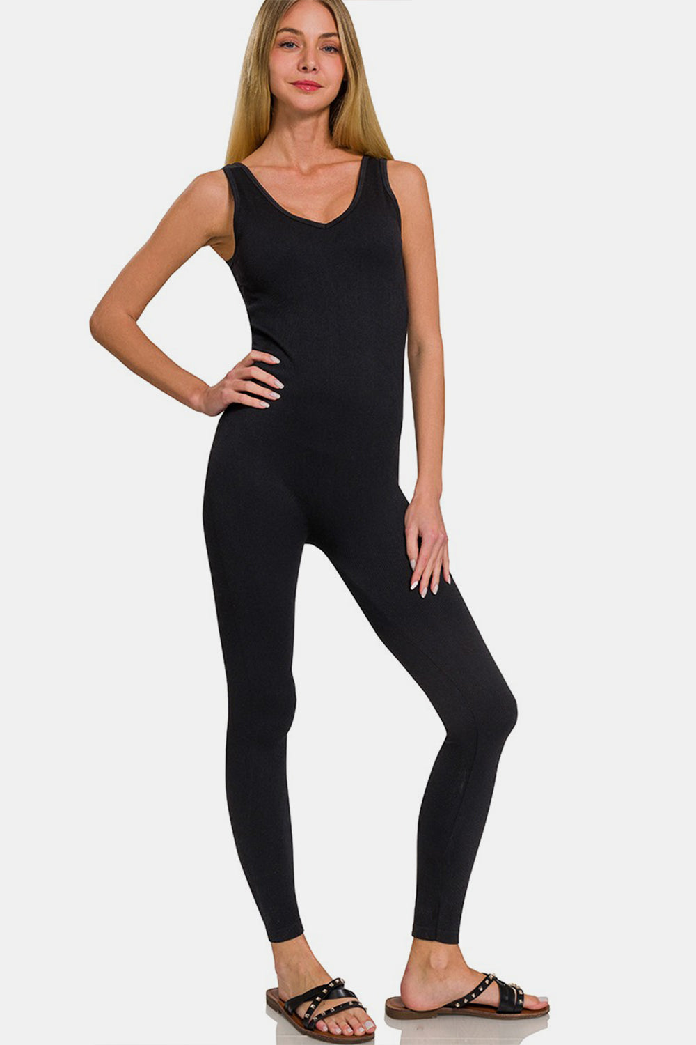 Zenana Ribbed Bra Padded Sports Seamless Jumpsuit - Parsifale